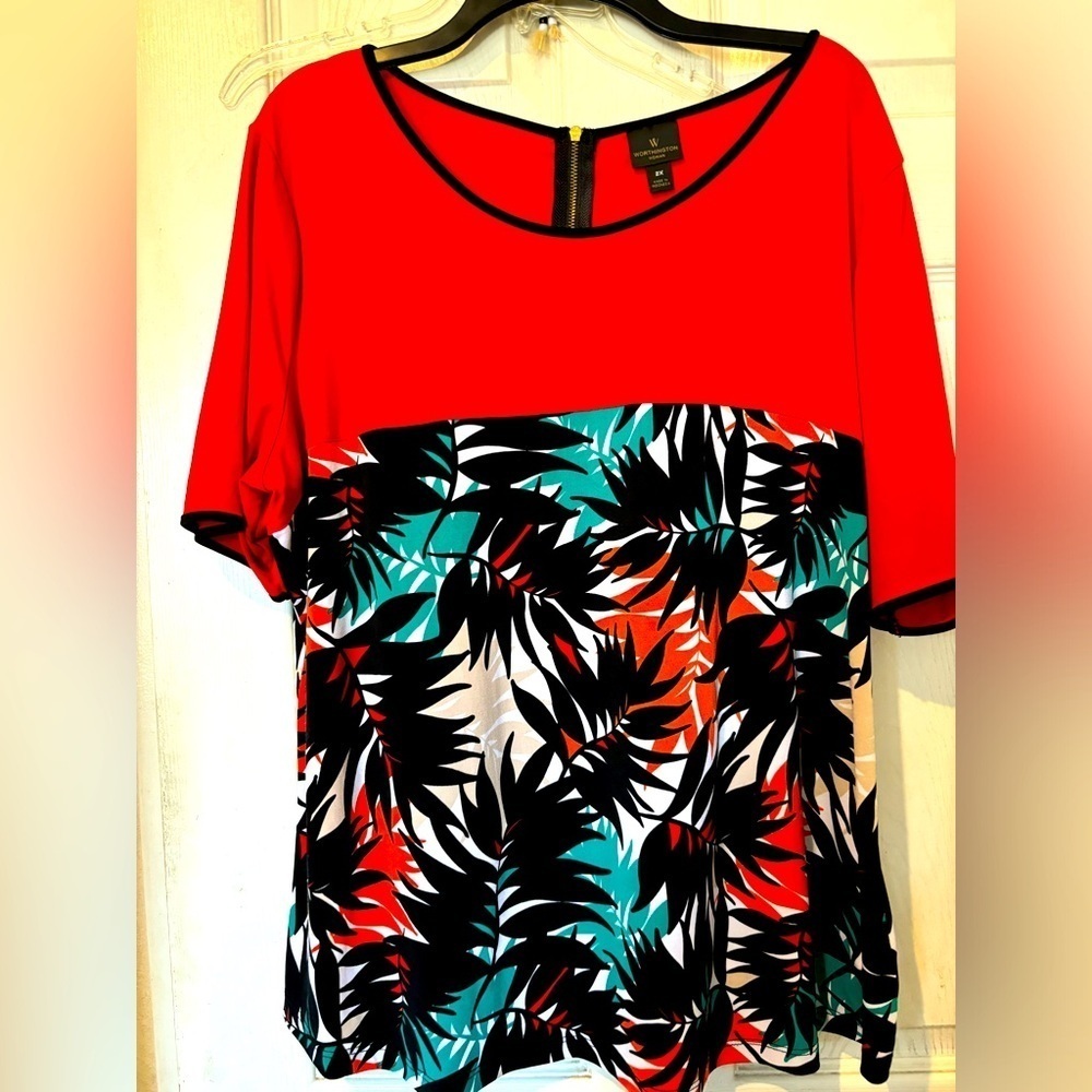 NWOT JCP Worthington Red Knit With Palm Design Blouse